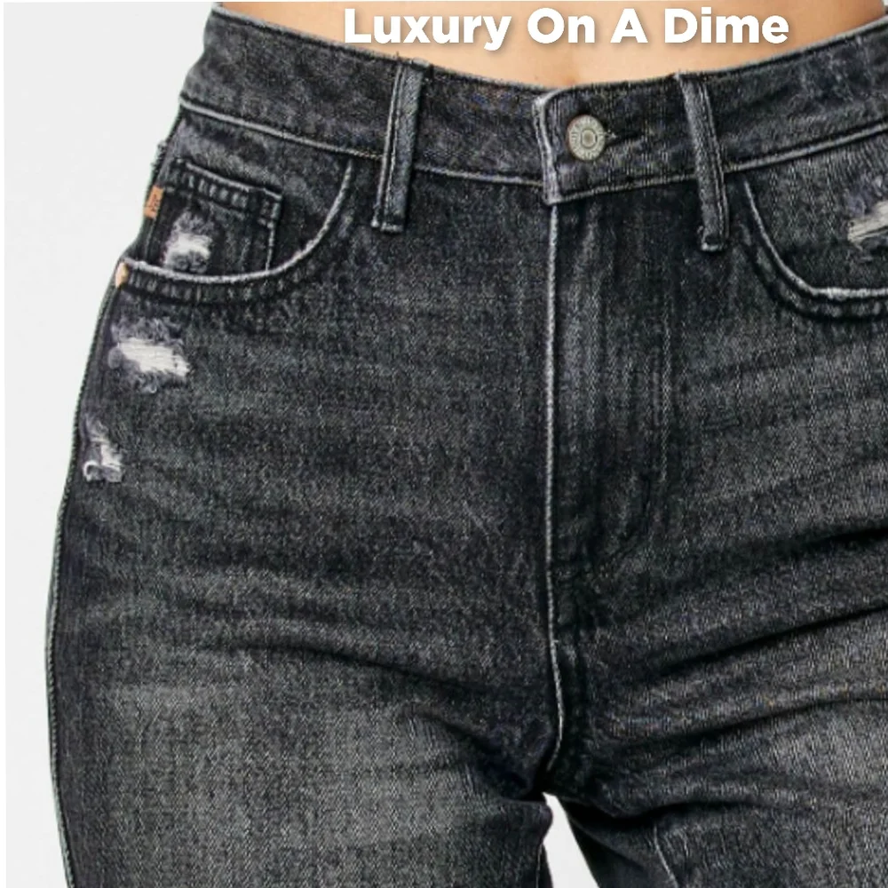Judy Blue High Rise Tummy Control Denim Slim Black Distressed Frayed Jean Shorts